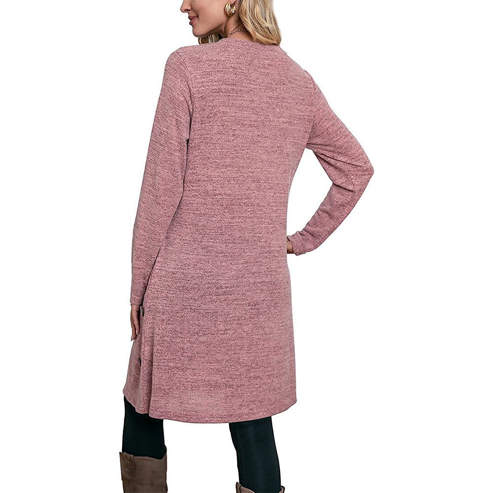 Colored Cotton Knitted Long-sleeved Buttoned Pocket A-line Fashion Dress