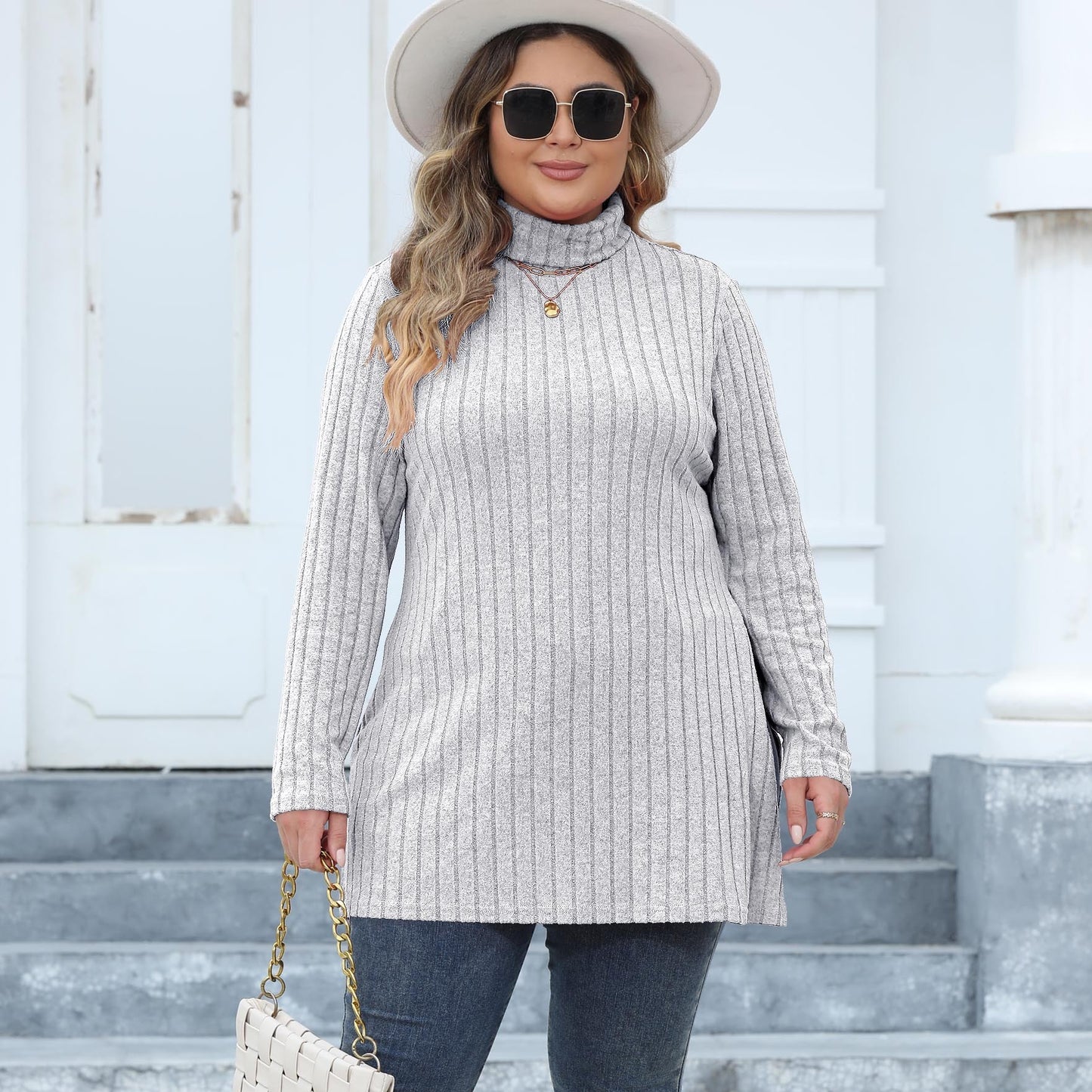 Women's Plus Size Turtleneck Slim Fit Striped Slit Mid-length Top
