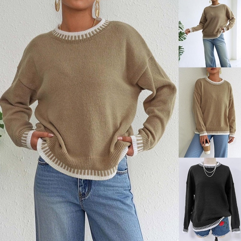 Women's Round Neck Contrast Color Stitching Leisure Pullover Loose Sweater