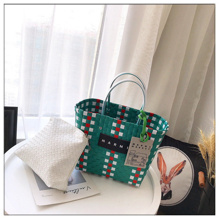 Color block hand-woven bag