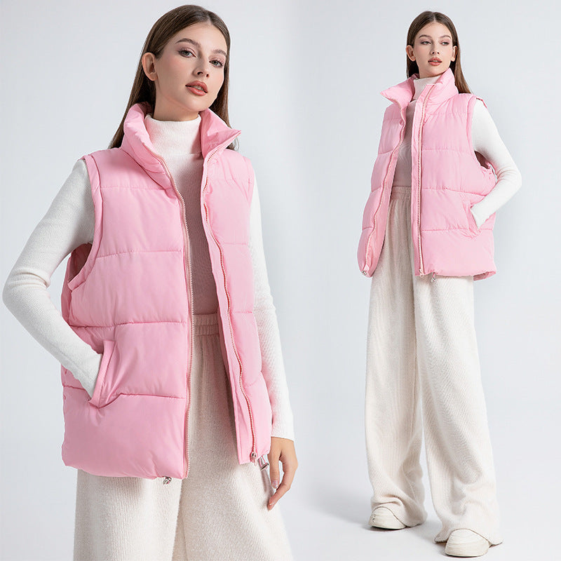 Women's Sleeveless Mid-length Stand-up Collar Thermal Down Cotton Thickened Vest