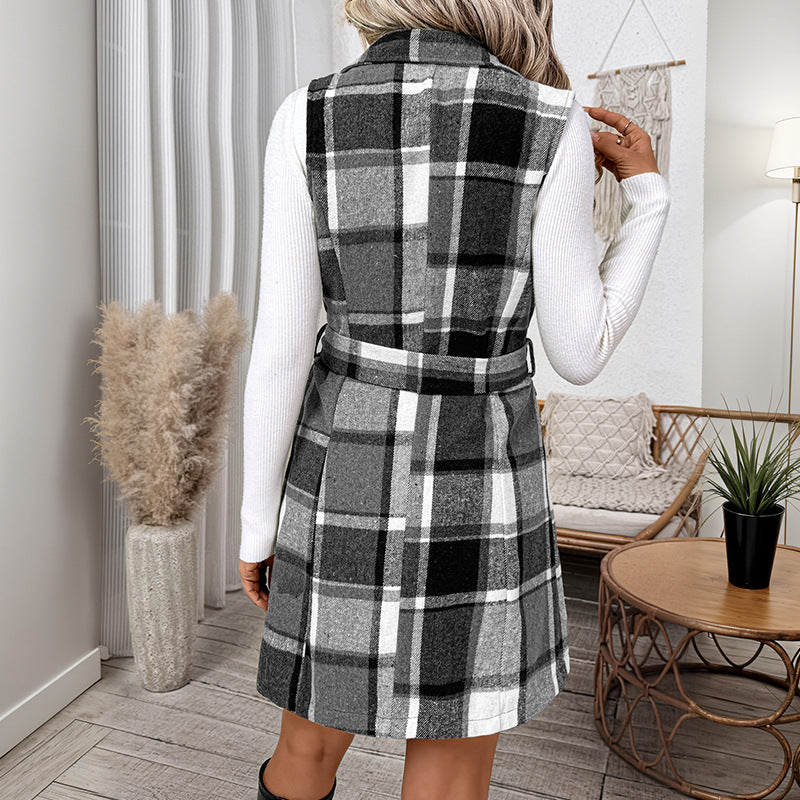 Commuter Retro Style Lace-up Turn-down Collar Plaid Women's Vest