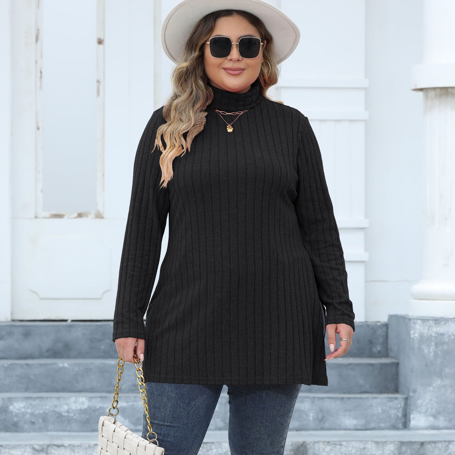 Women's Plus Size Turtleneck Slim Fit Striped Slit Mid-length Top