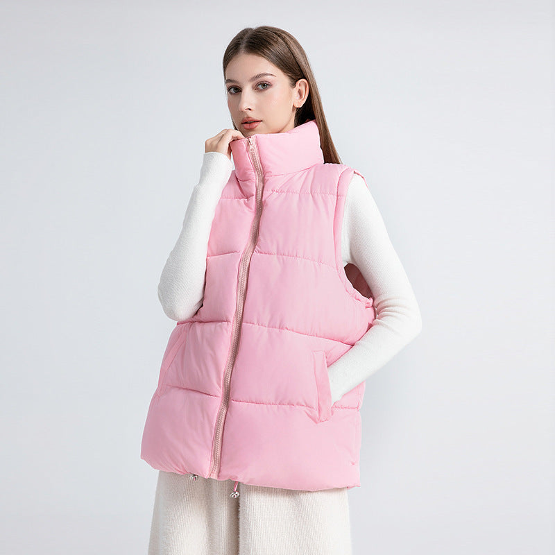 Women's Sleeveless Mid-length Stand-up Collar Thermal Down Cotton Thickened Vest