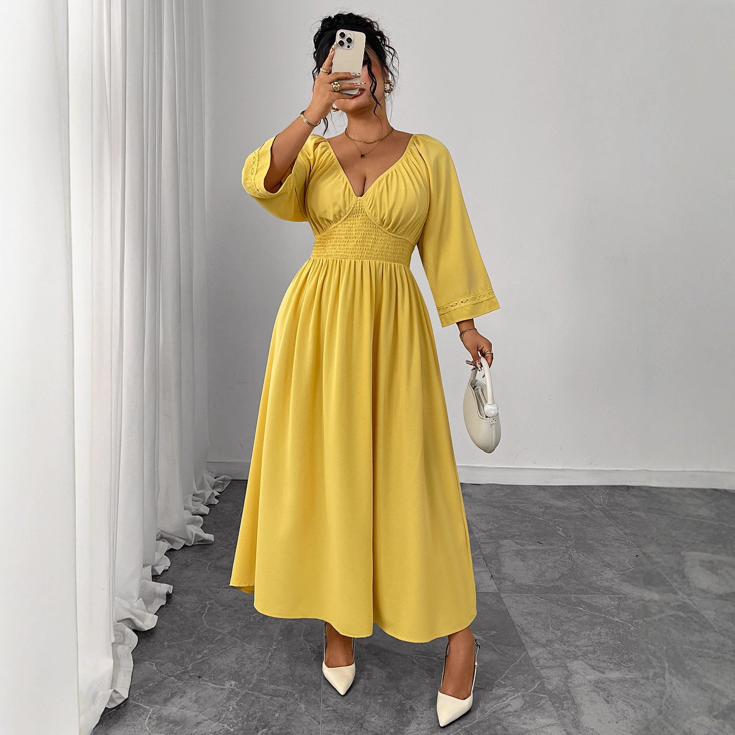 Deep V-neck Yellow High Waist Slimming Dress