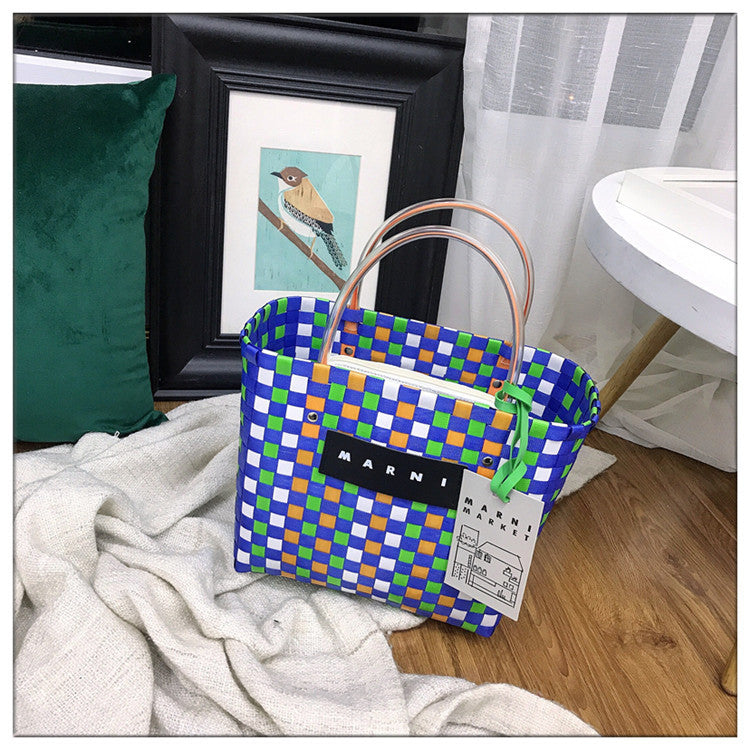 Color block hand-woven bag