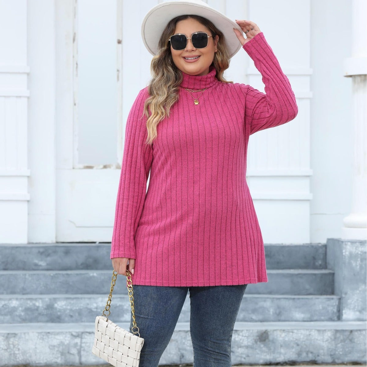 Women's Plus Size Turtleneck Slim Fit Striped Slit Mid-length Top