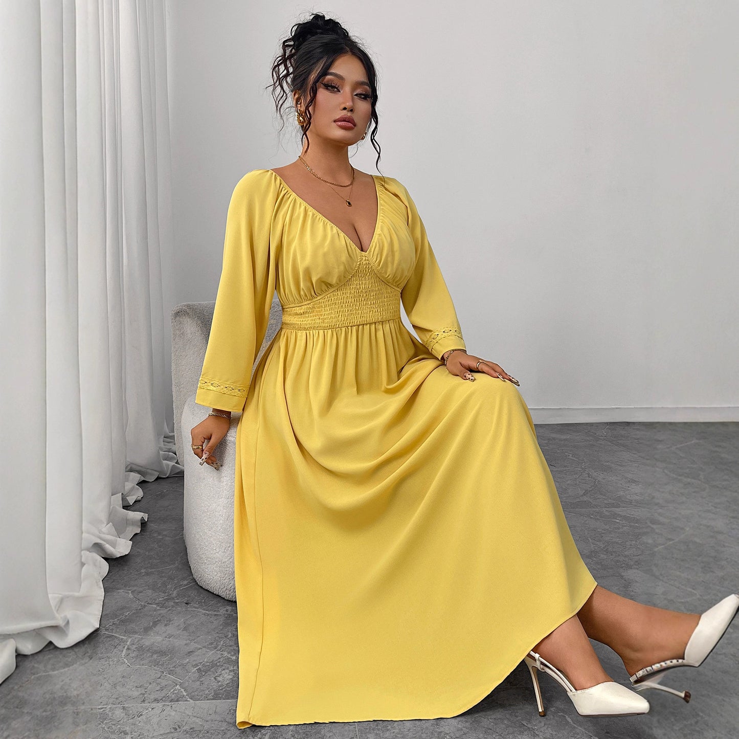Deep V-neck Yellow High Waist Slimming Dress