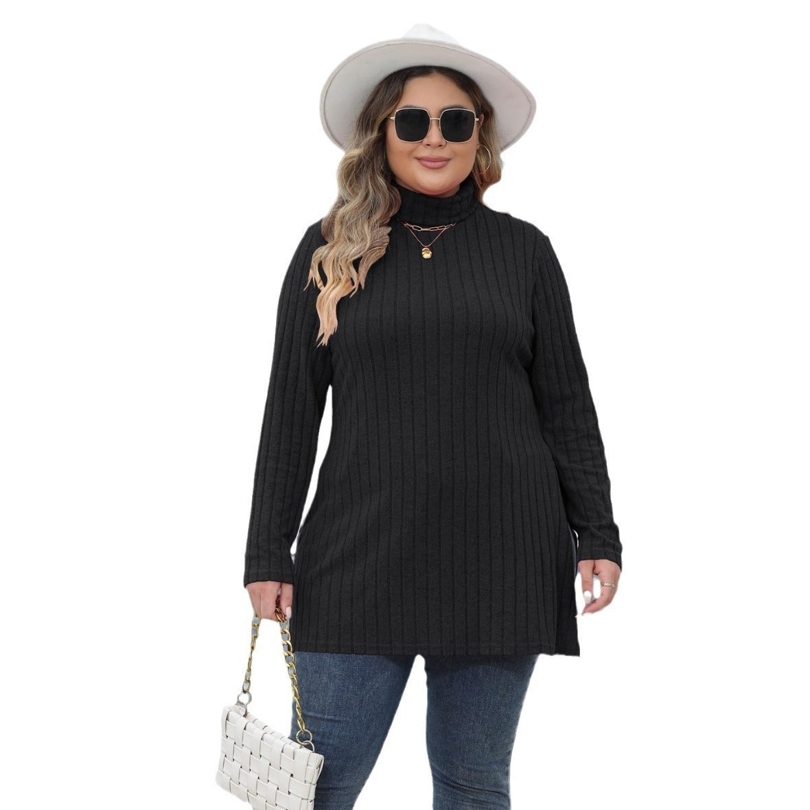 Women's Plus Size Turtleneck Slim Fit Striped Slit Mid-length Top