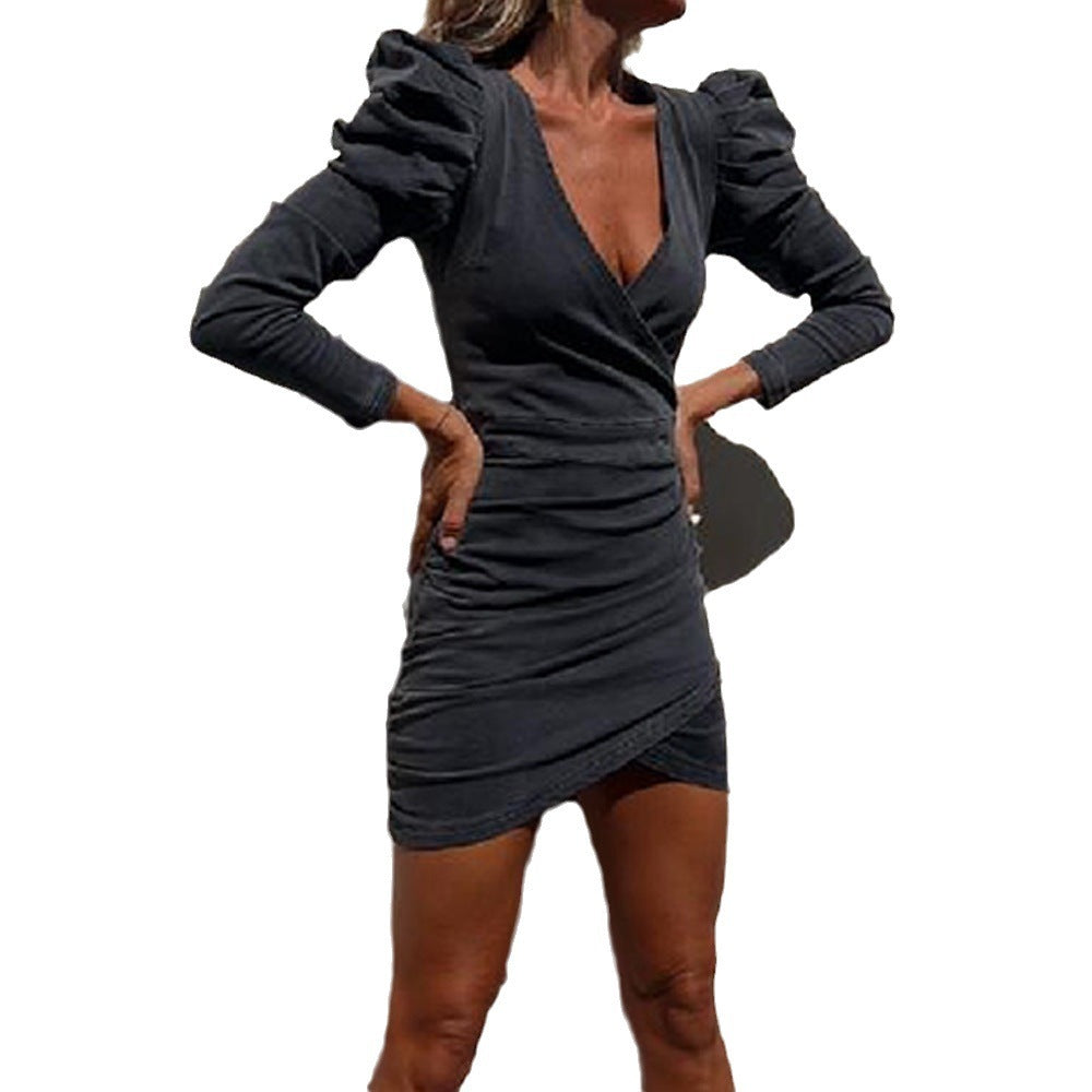 Distressed Puff Sleeve Casual Style Denim V-neck Dress