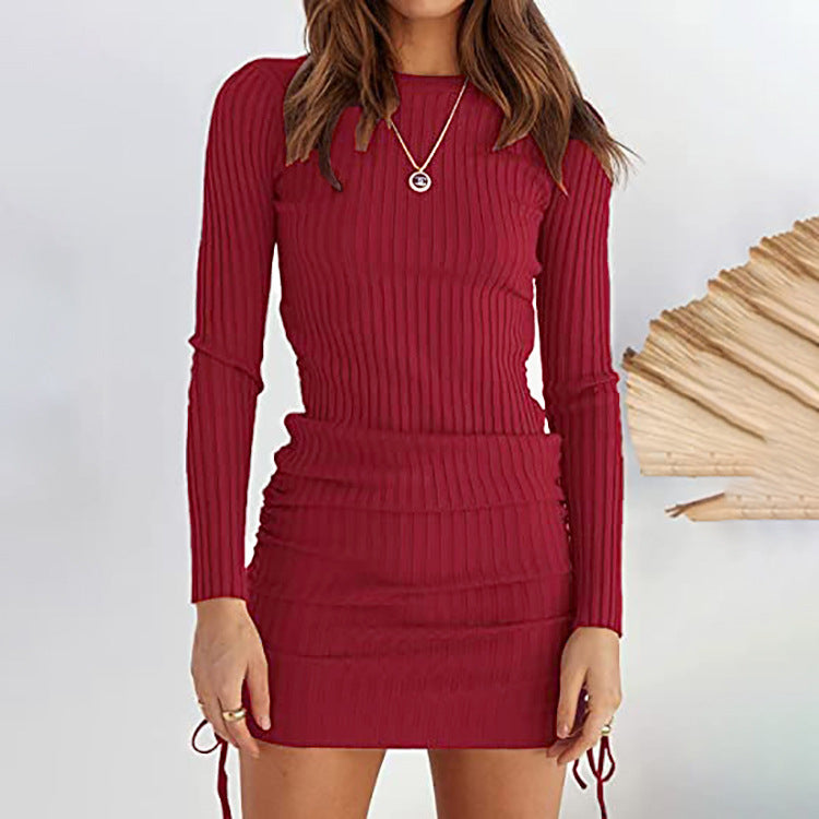 Casual Pleated Drawstring Knitted Mid-waist Long Sleeve Dress