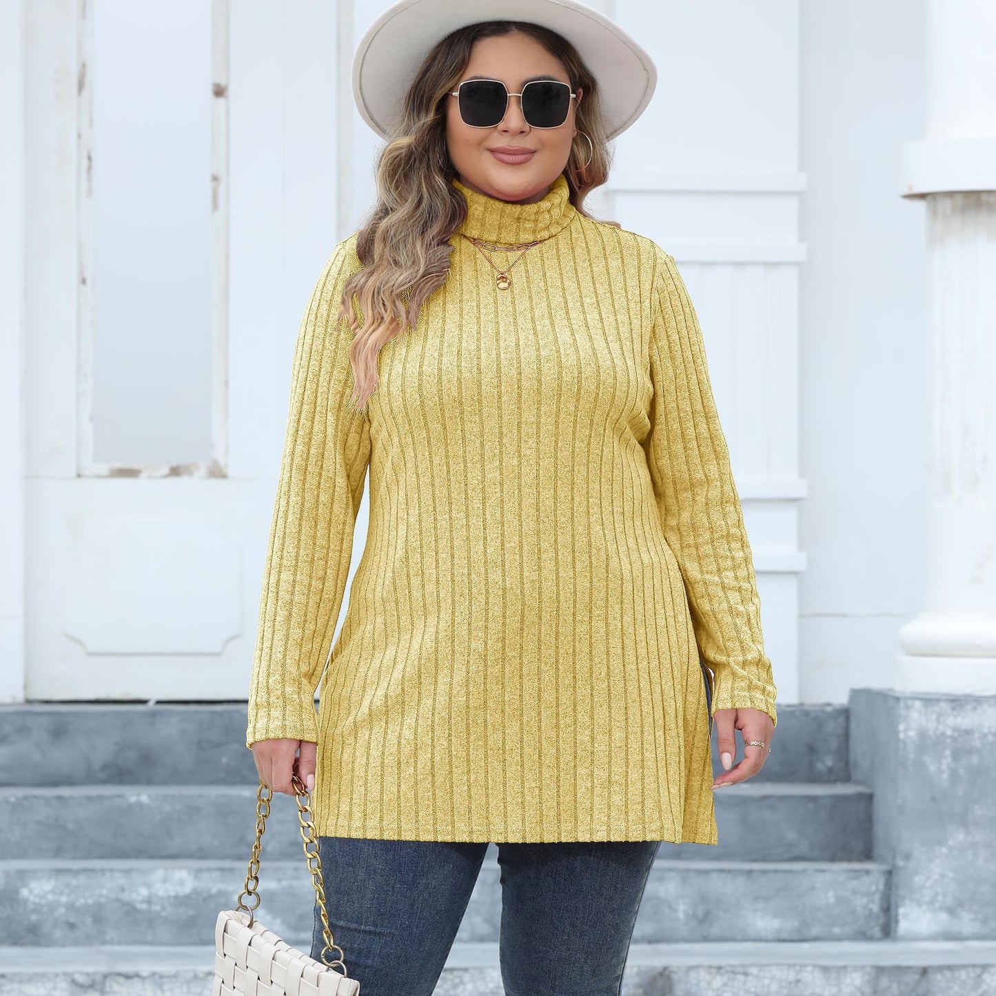 Women's Plus Size Turtleneck Slim Fit Striped Slit Mid-length Top