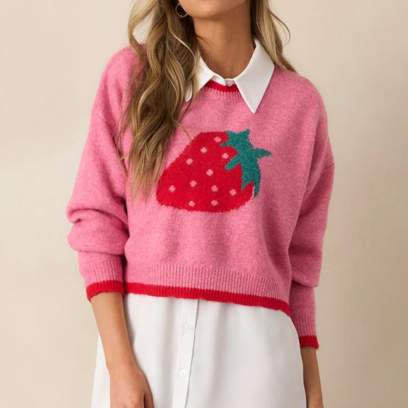 Women's Strawberry Pullover European And American Leisure Short Long-sleeved Sweater Top