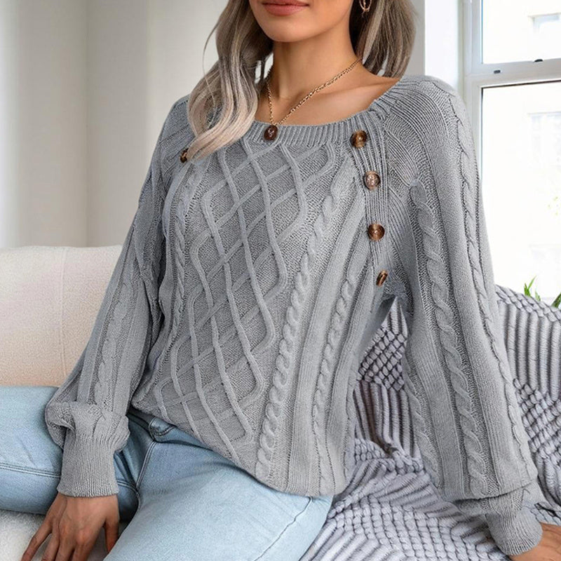 Women's Solid Color Casual Square Neck Button-Detail Knit Top - Textured Ribbed Pattern, Cozy Fall&Winter Sweater