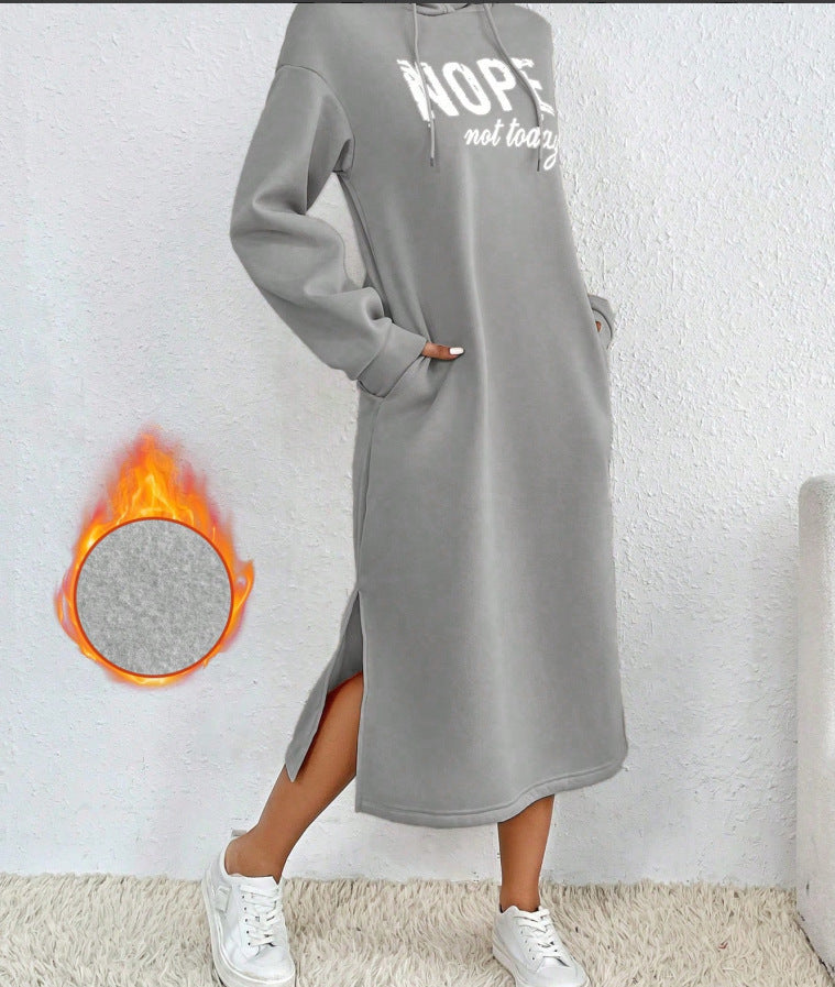Women's Velvet Printed Hooded Sweatshirt Dress With Slits
