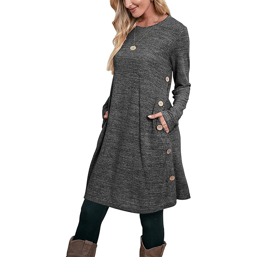 Colored Cotton Knitted Long-sleeved Buttoned Pocket A-line Fashion Dress