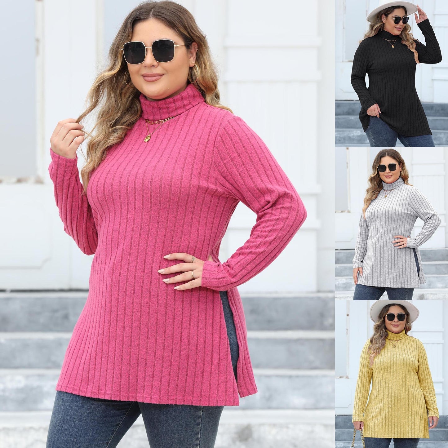 Women's Plus Size Turtleneck Slim Fit Striped Slit Mid-length Top