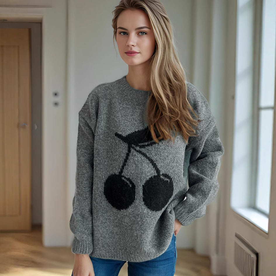 Cherry Jacquard Women's Sweater Round Neck Loose Sweater Idle Style