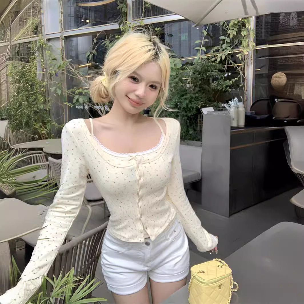 Cute Bear Printed Camisole Women's Lace Cardigan