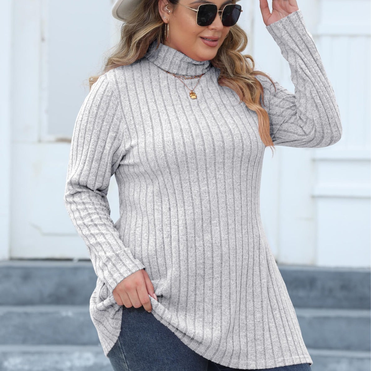 Women's Plus Size Turtleneck Slim Fit Striped Slit Mid-length Top