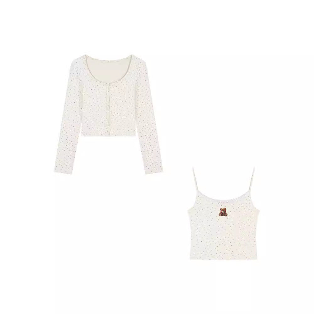 Cute Bear Printed Camisole Women's Lace Cardigan
