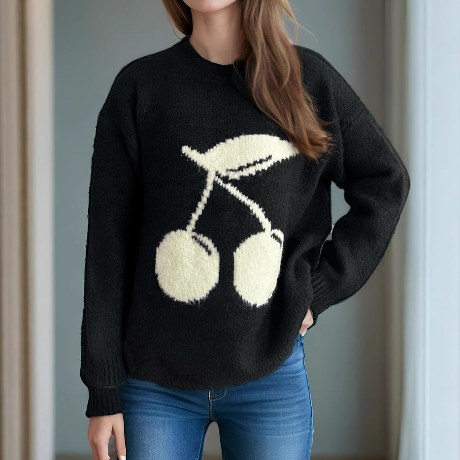Cherry Jacquard Women's Sweater Round Neck Loose Sweater Idle Style