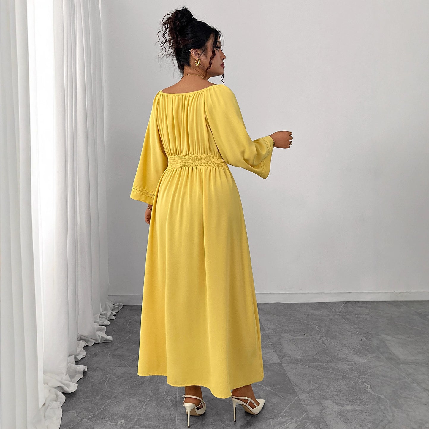 Deep V-neck Yellow High Waist Slimming Dress