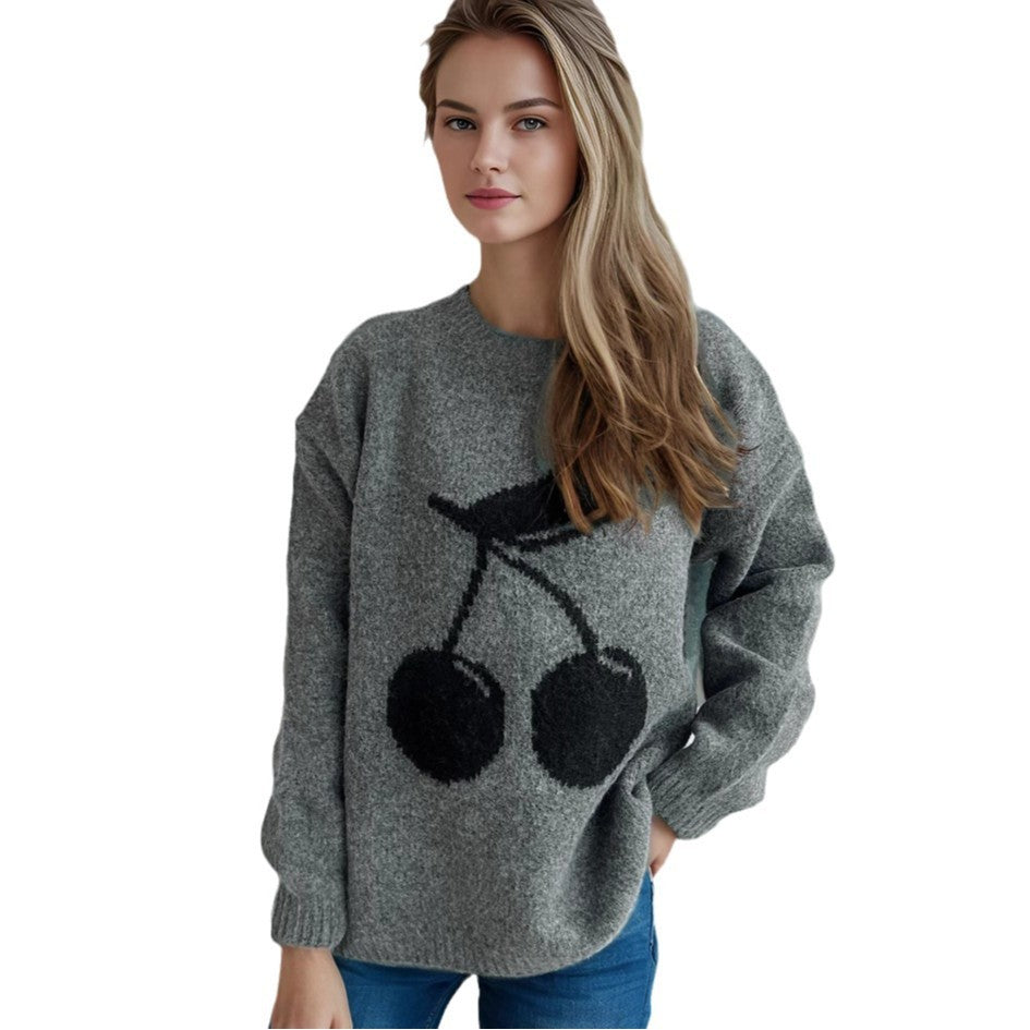 Cherry Jacquard Women's Sweater Round Neck Loose Sweater Idle Style