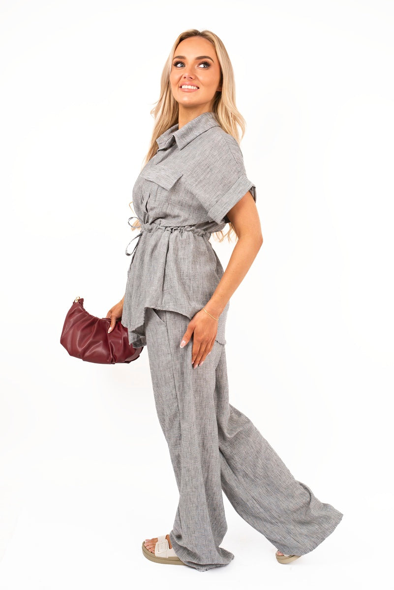 Collared Short Sleeve with Tie Waist and Wide Leg Trousers Co-ord Set