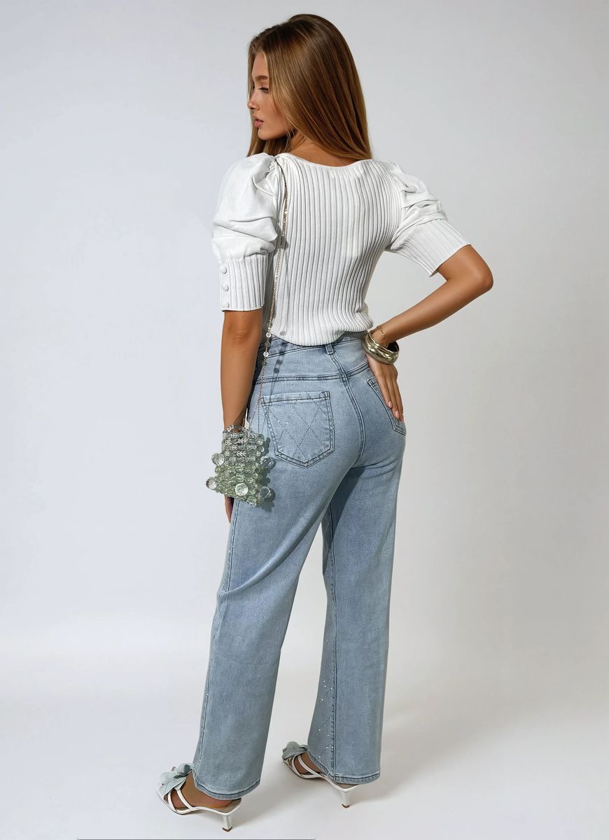 Diamond Pattern Embellished High Waisted Jeans