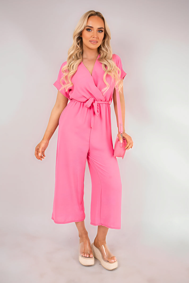 Wrap Short Sleeve Wide Leg Jumpsuit with Tie Waist