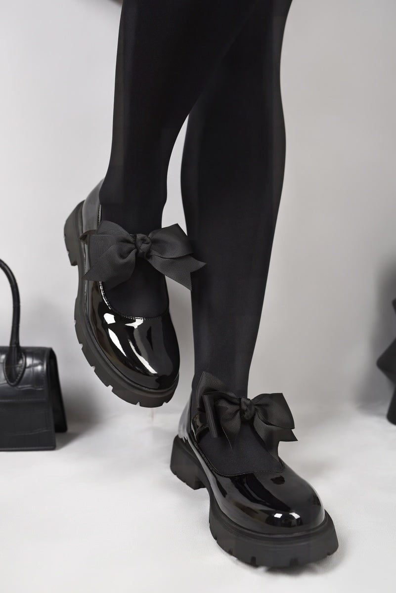 Chunky Sole Patent Ballet Flats with Bow Detail