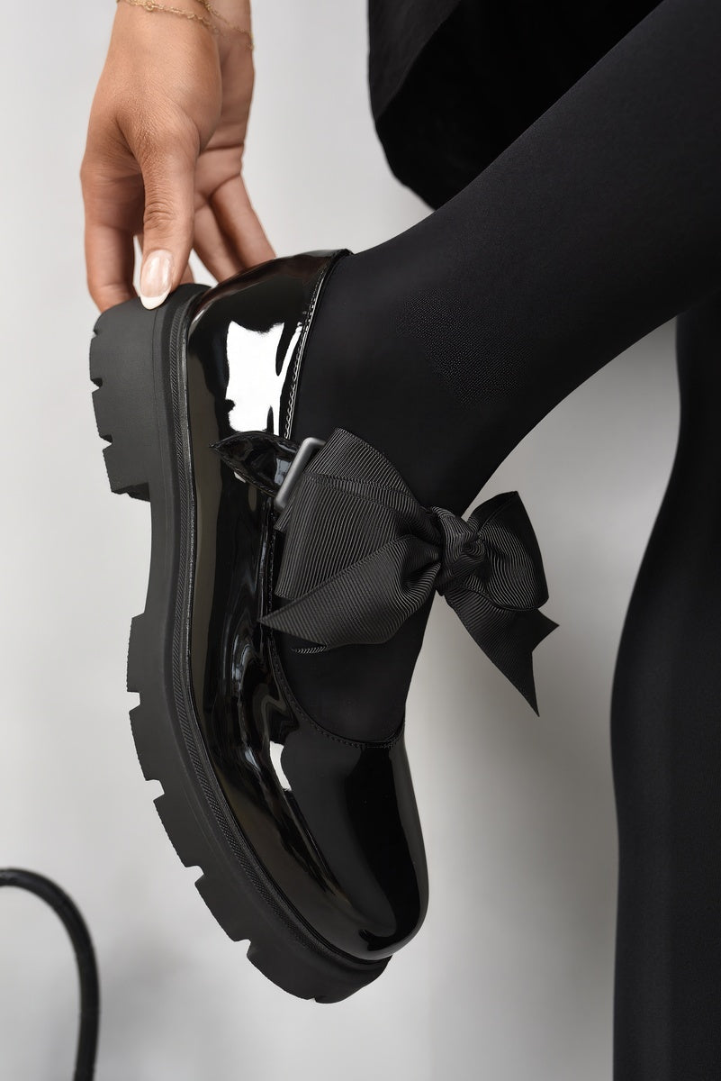 Chunky Sole Patent Ballet Flats with Bow Detail
