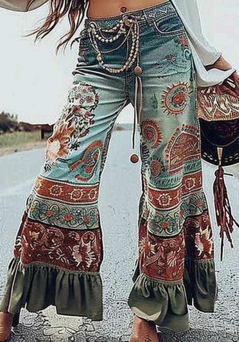 Ursime Boho Print Ruffle Hem Flare Pants