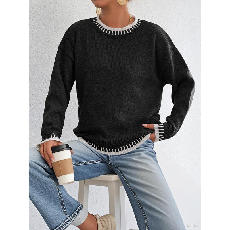 Women's Round Neck Contrast Color Stitching Leisure Pullover Loose Sweater