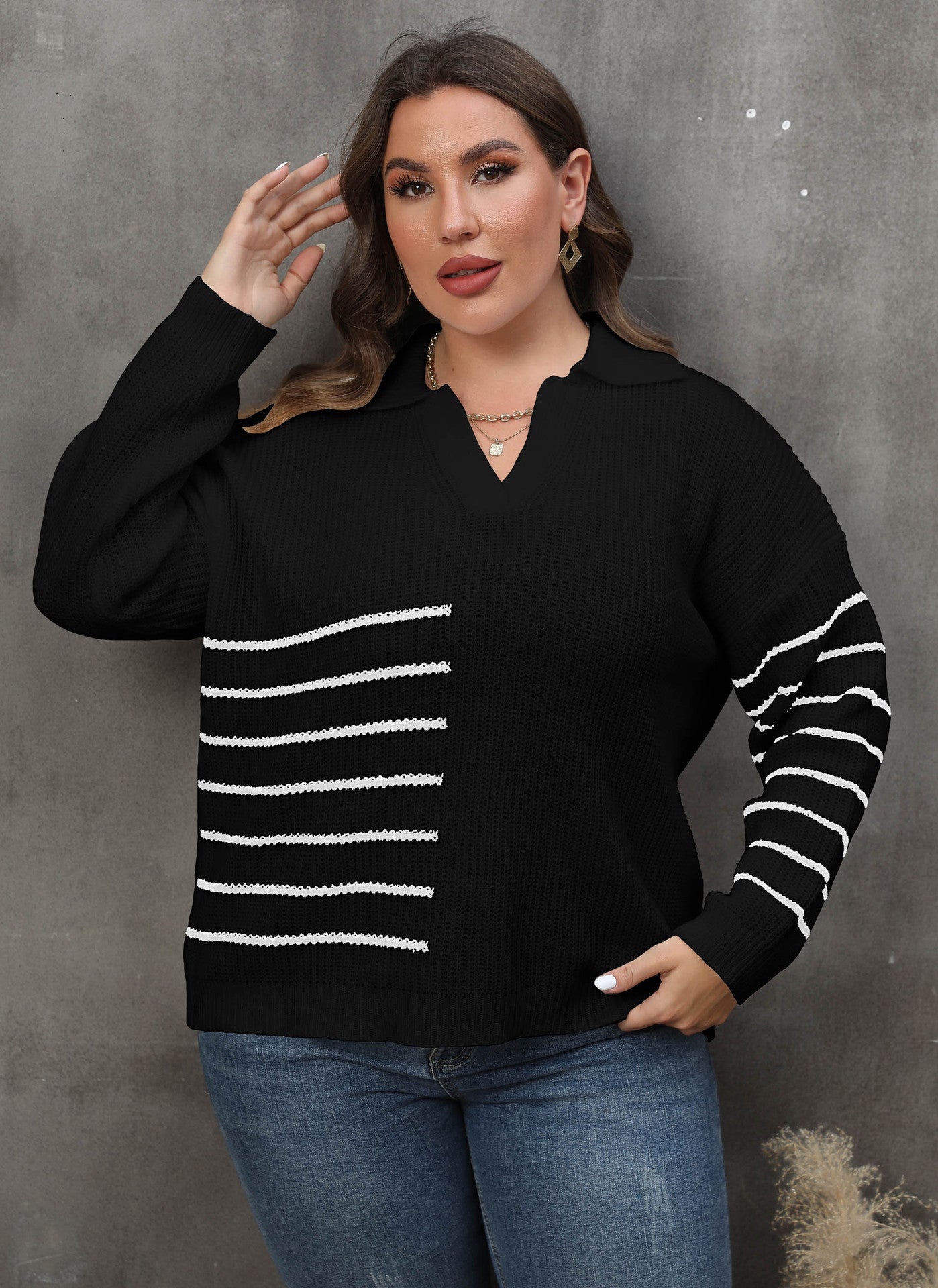 Pullover Plus Size Women's Color Contrast Patchwork Striped Polo Collar Sweater