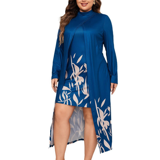 Fake Two-piece Turtleneck Long Sleeve Asymmetric Dress Women