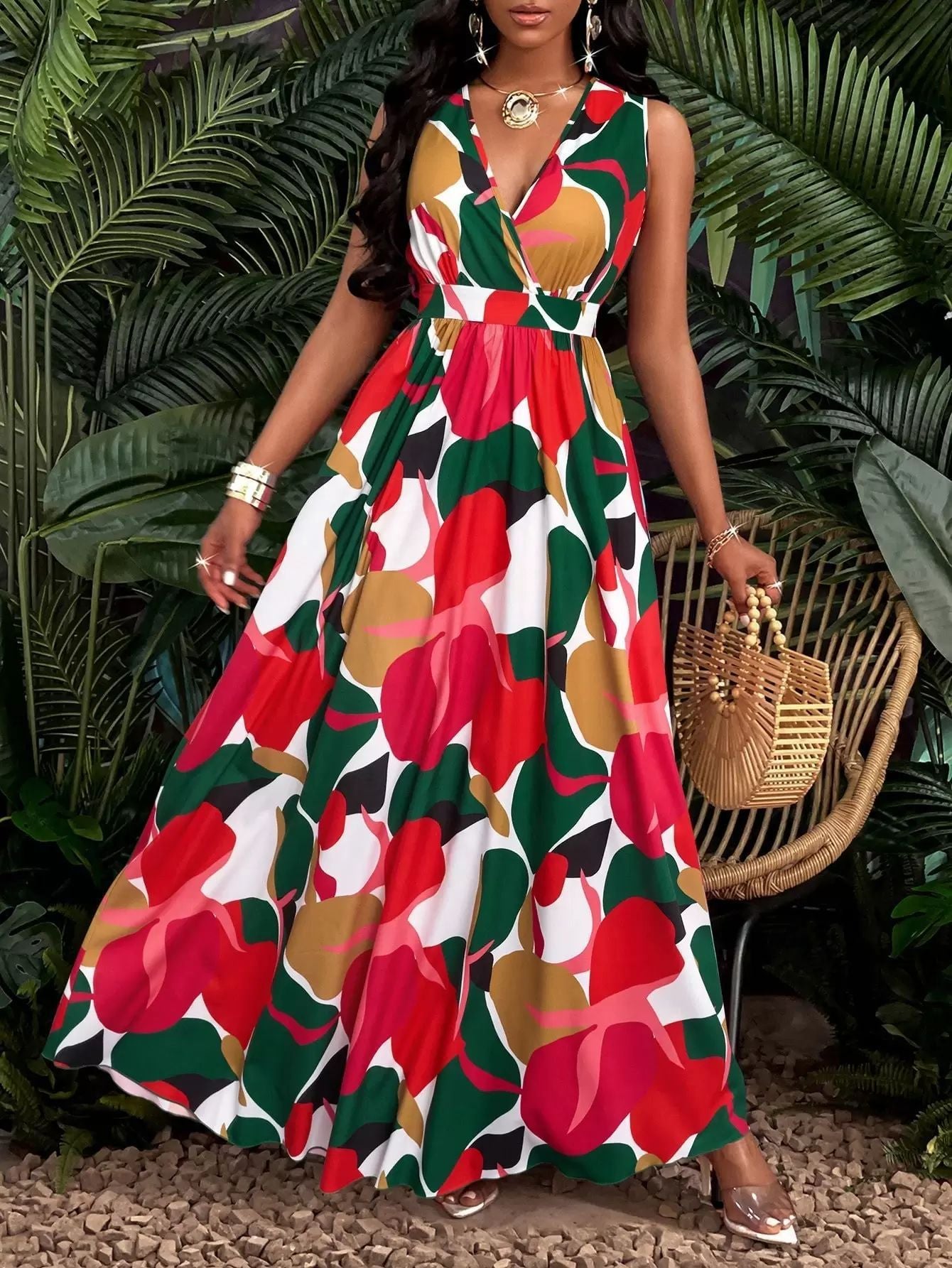 Tropical Printing V-neck Waist Twist Knitted Slim Fit Flare Skirt