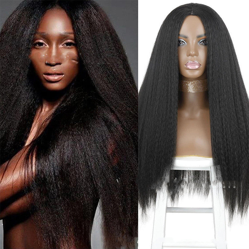Mid-Section Black Fluffy Long Straight Hair