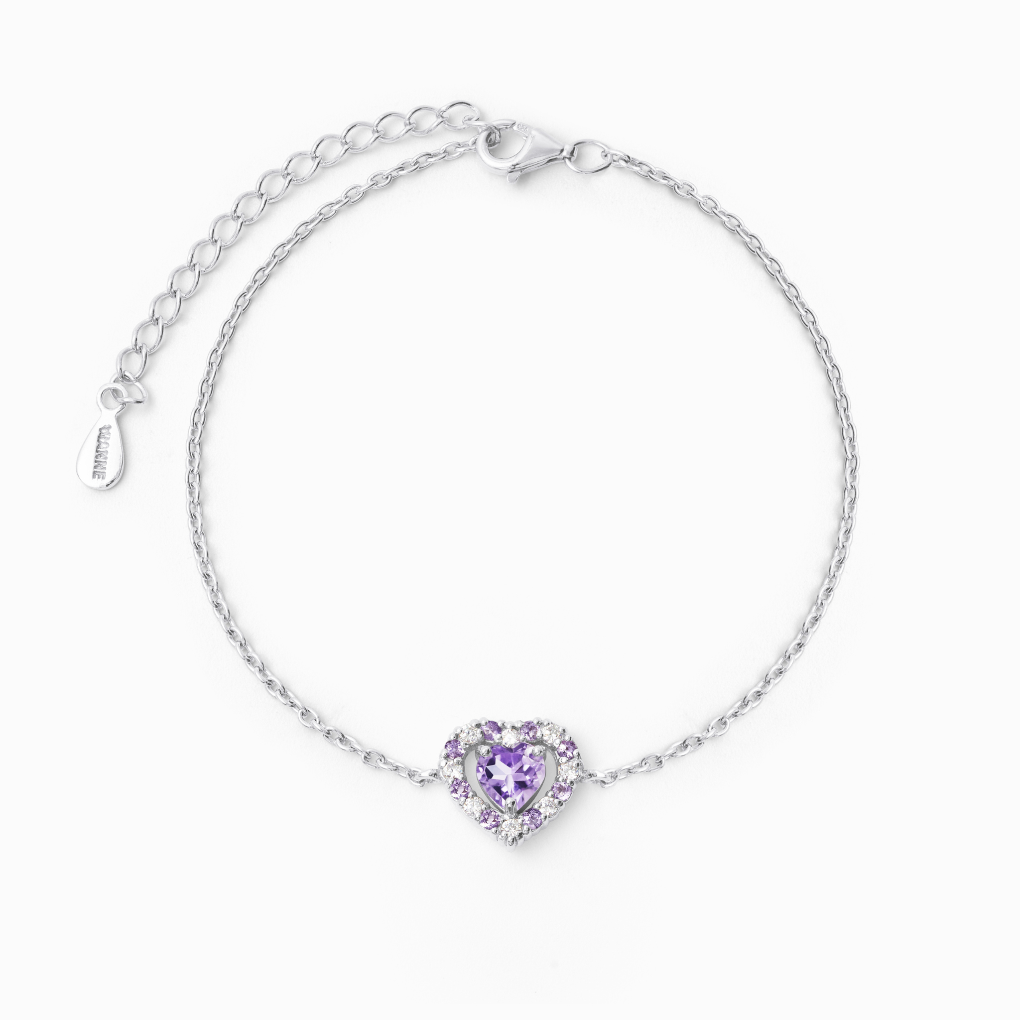 Bracelet en argent sterling orné d'un cœur violet et d'une améthyste lavande.