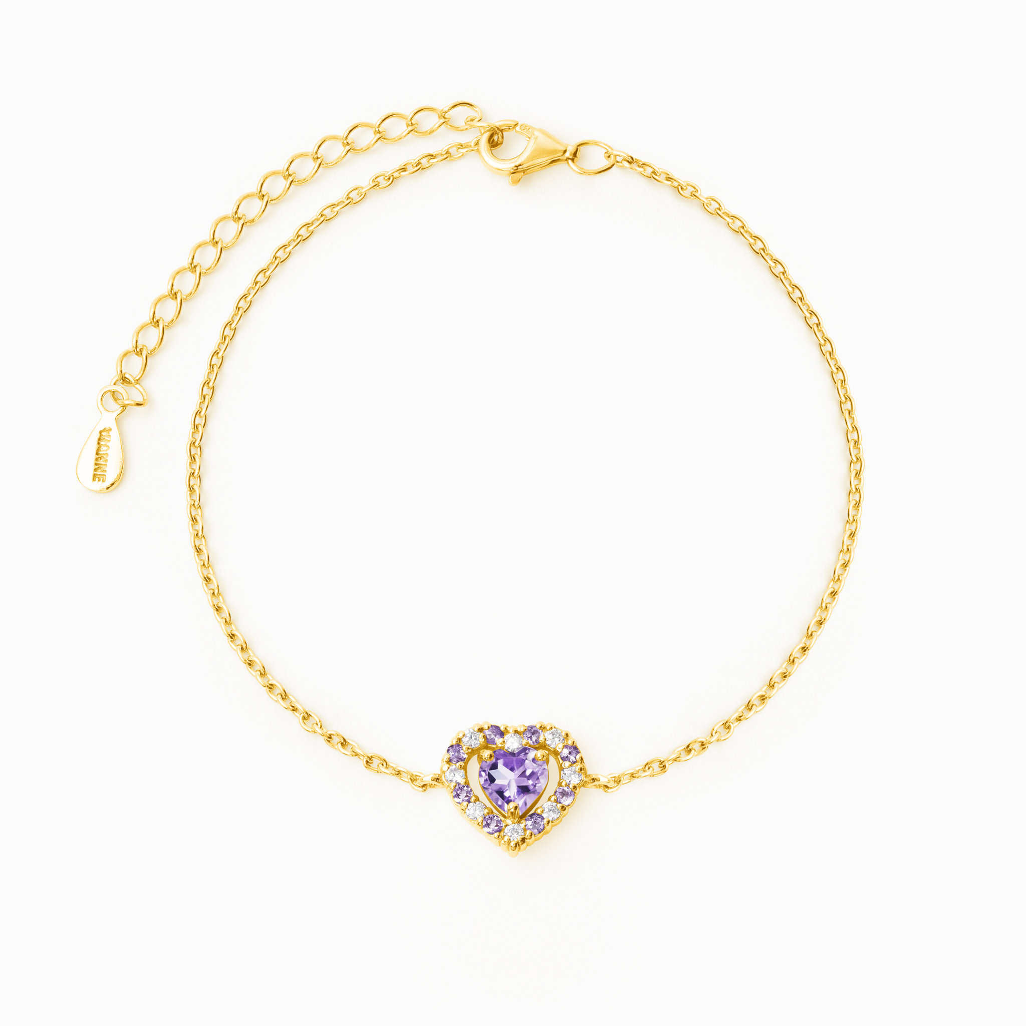 Bracelet en vermeil or 18 carats avec améthyste lavande et cœur violet