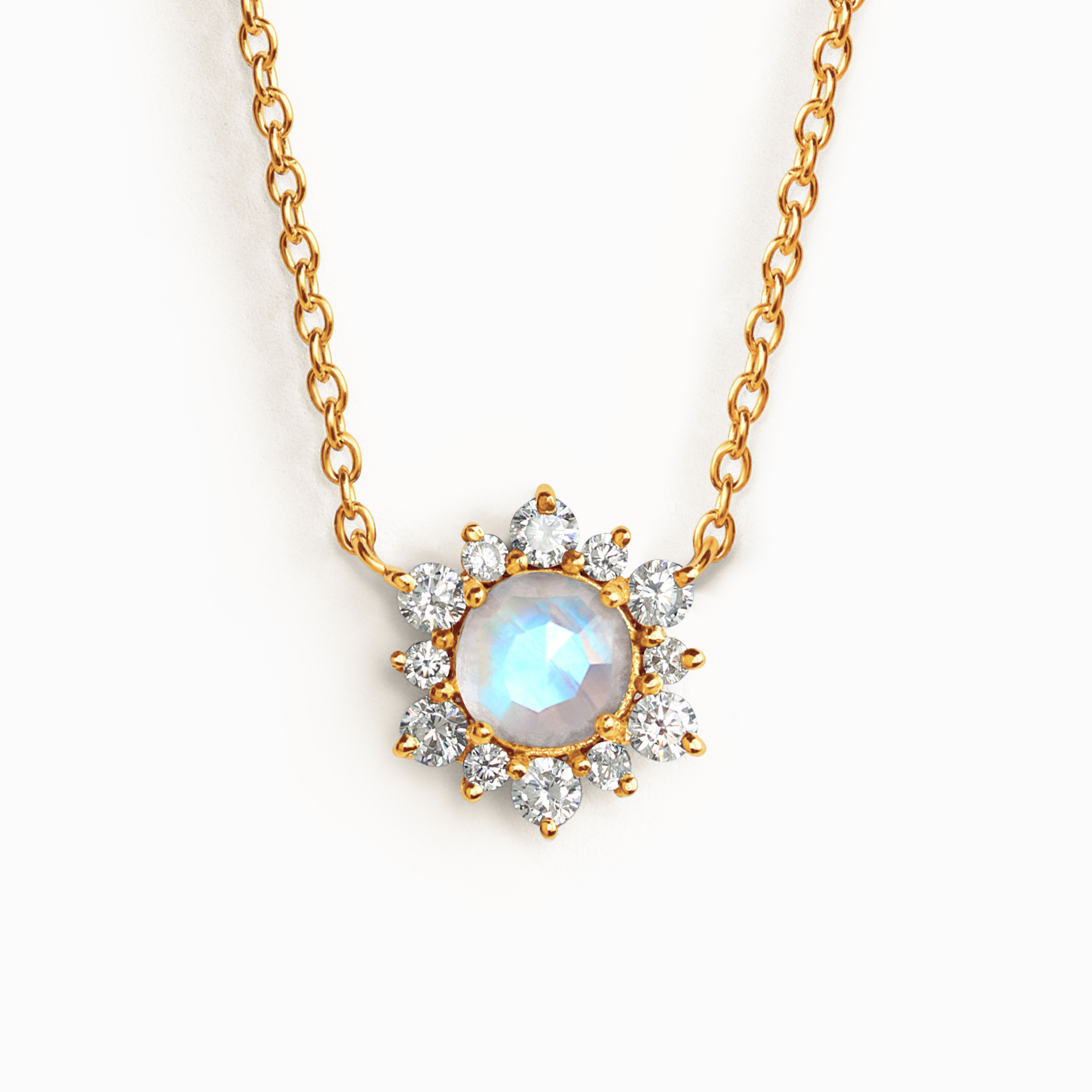 Collier en pierre de lune arc-en-ciel en vermeil or 18 carats