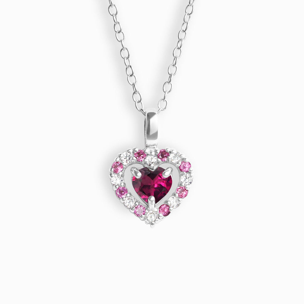 Collier pendentif cœur rouge en grenat rhodolite et argent sterling