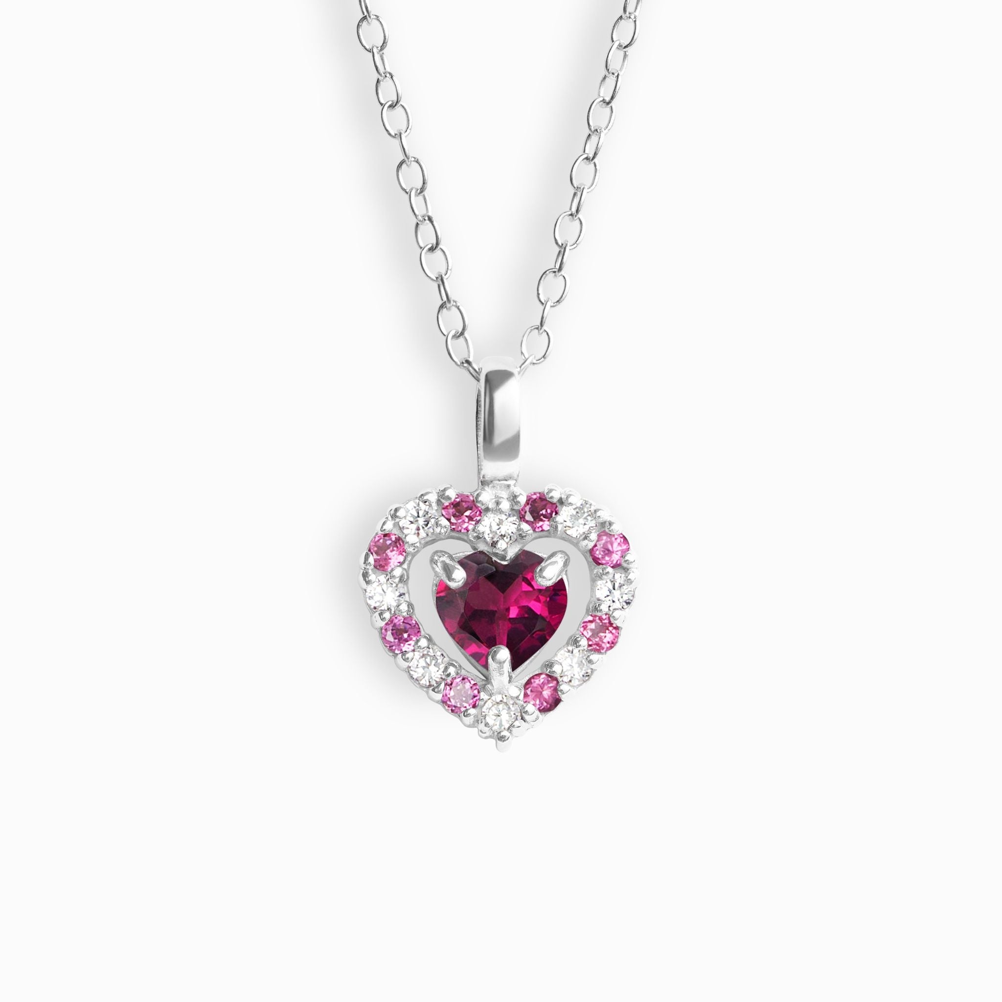 Collier pendentif cœur rouge en grenat rhodolite et argent sterling