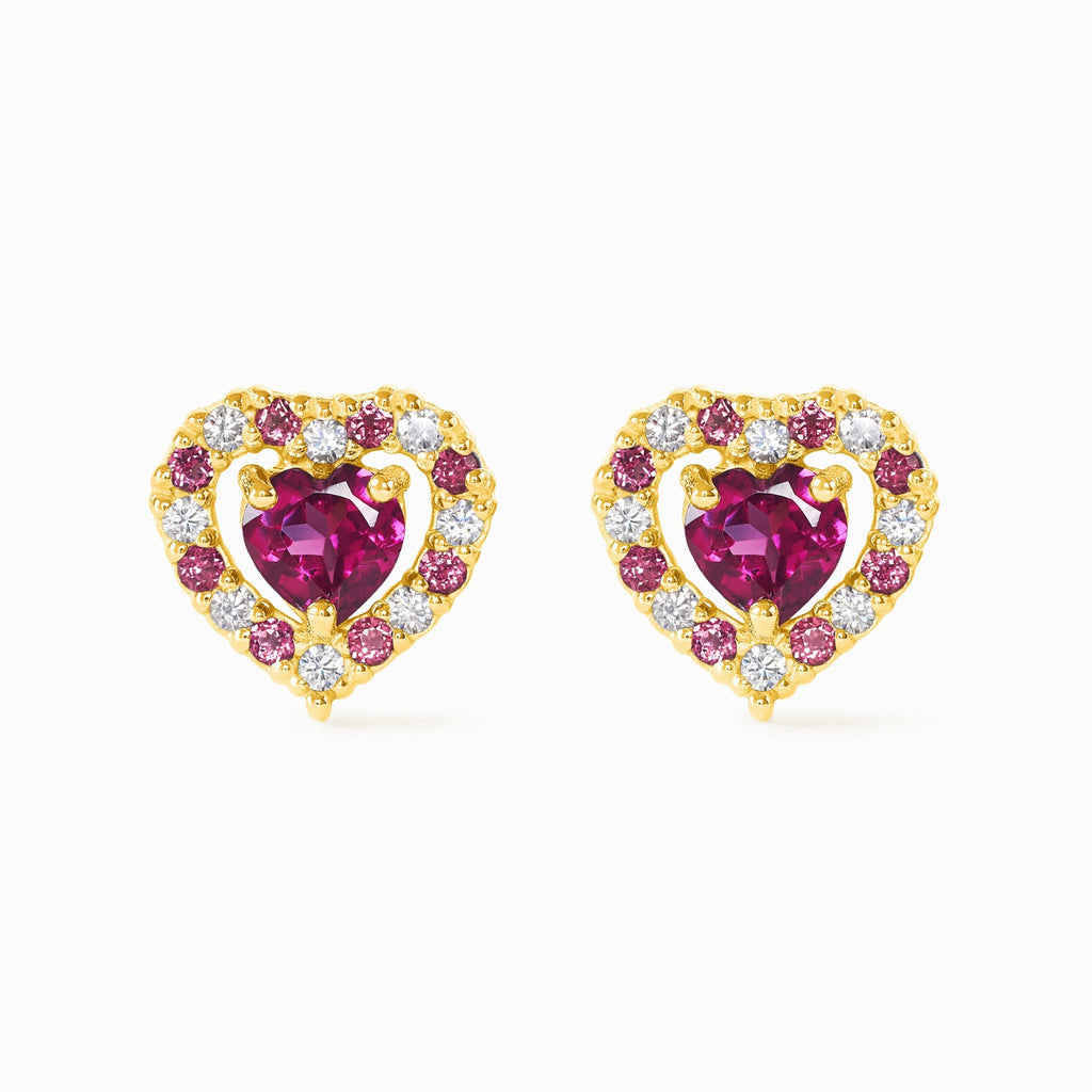 Boucles d'oreilles puces en grenat rhodolite cœur rouge, en vermeil or 18 carats