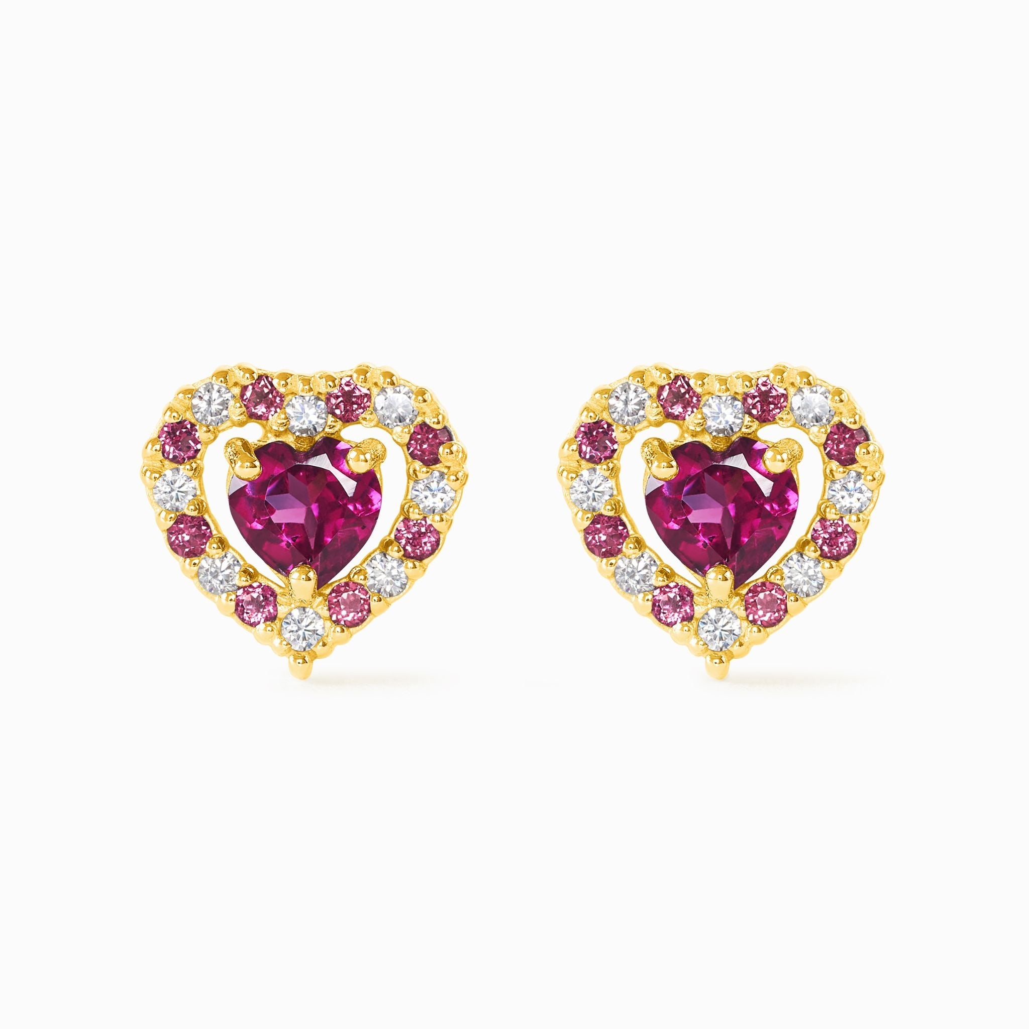 Boucles d'oreilles puces en grenat rhodolite cœur rouge, en vermeil or 18 carats