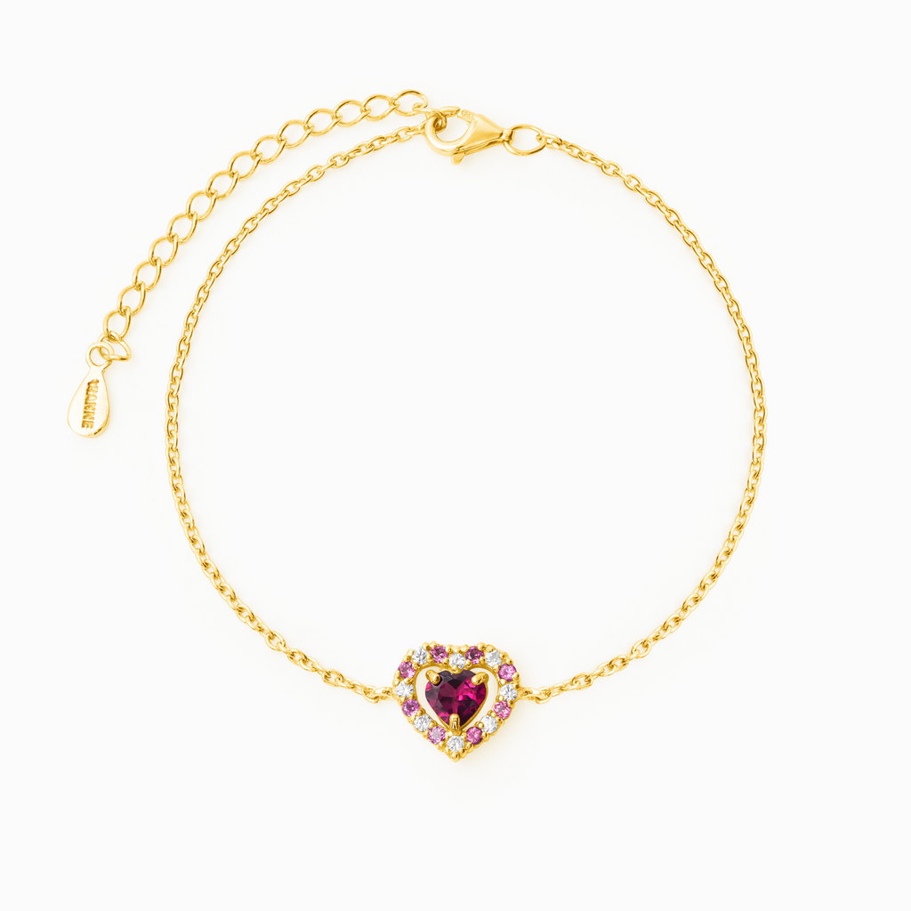 Bracelet en vermeil or 18 carats et grenat rhodolite en forme de cœur rouge