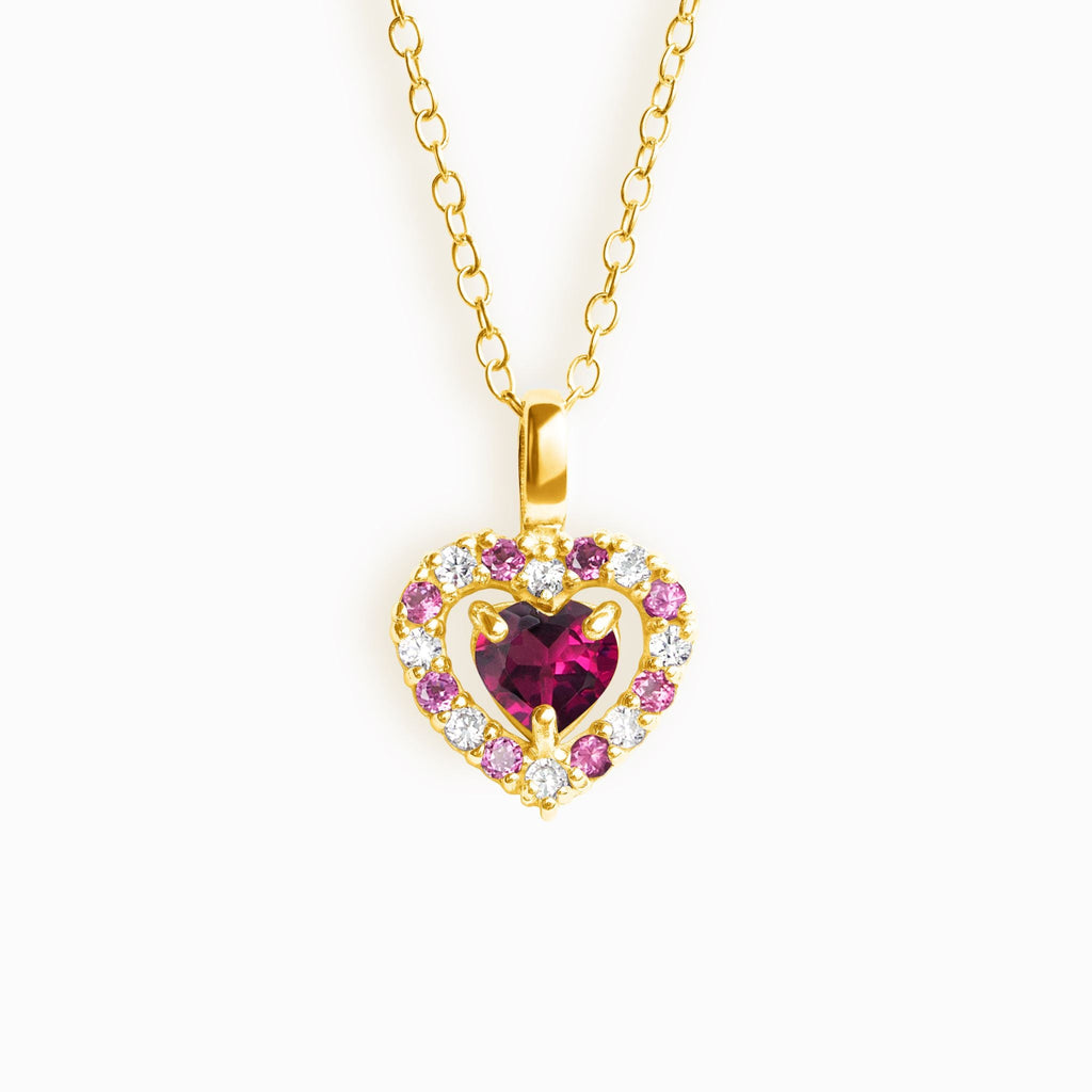 Collier pendentif en grenat rhodolite cœur rouge, en vermeil or 18 carats