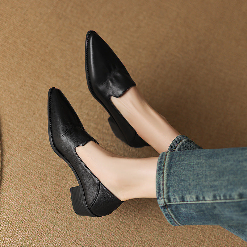 Women's Spring And Autumn Mid Heel Deep Mouth Leather Shoes