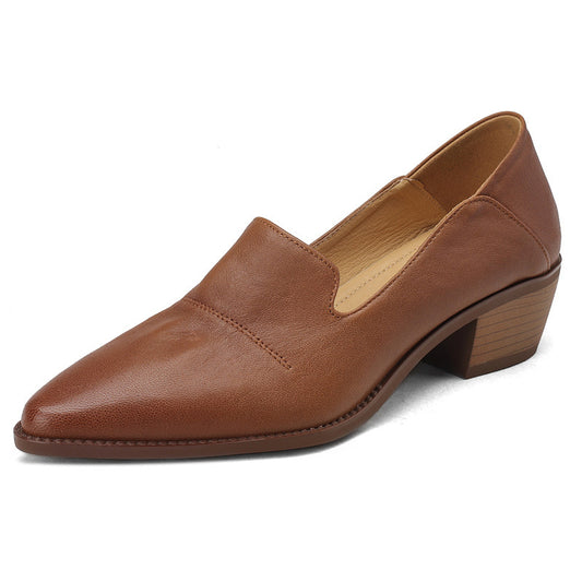 Women's Spring And Autumn Mid Heel Deep Mouth Leather Shoes